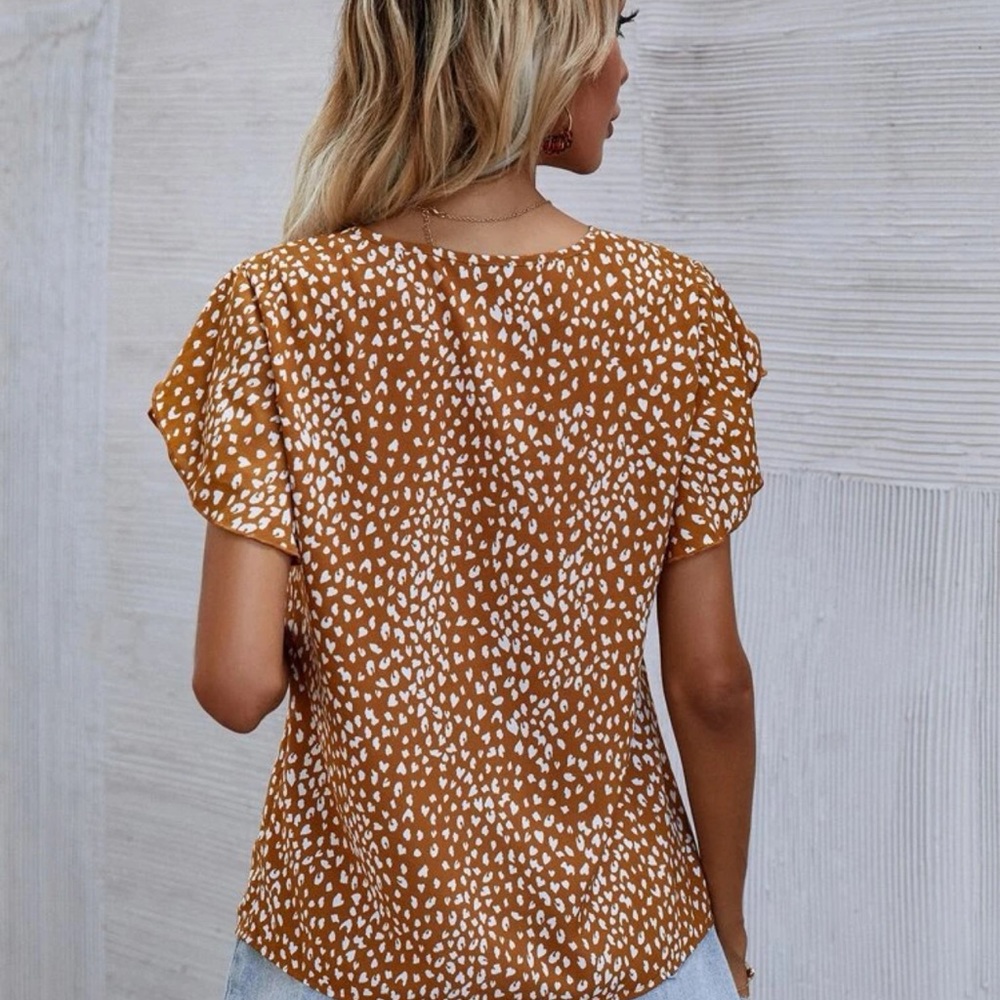 Ruffle frill short sleeve boho leopard top blouse bohemian tan black - Picture 4 of 6
